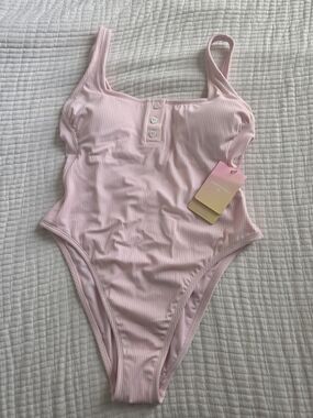 Stoney Clover Lane Pink Ribbed One-Piece Swimsuit with Button Front